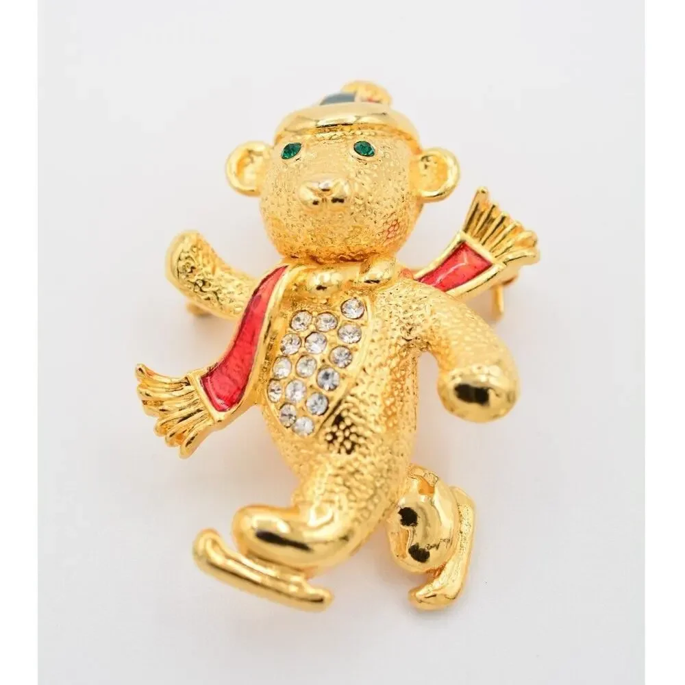 Vintage Christmas Bear Pin Brooch Brushed Gold Ice Skating Holiday Heavy BinAT
